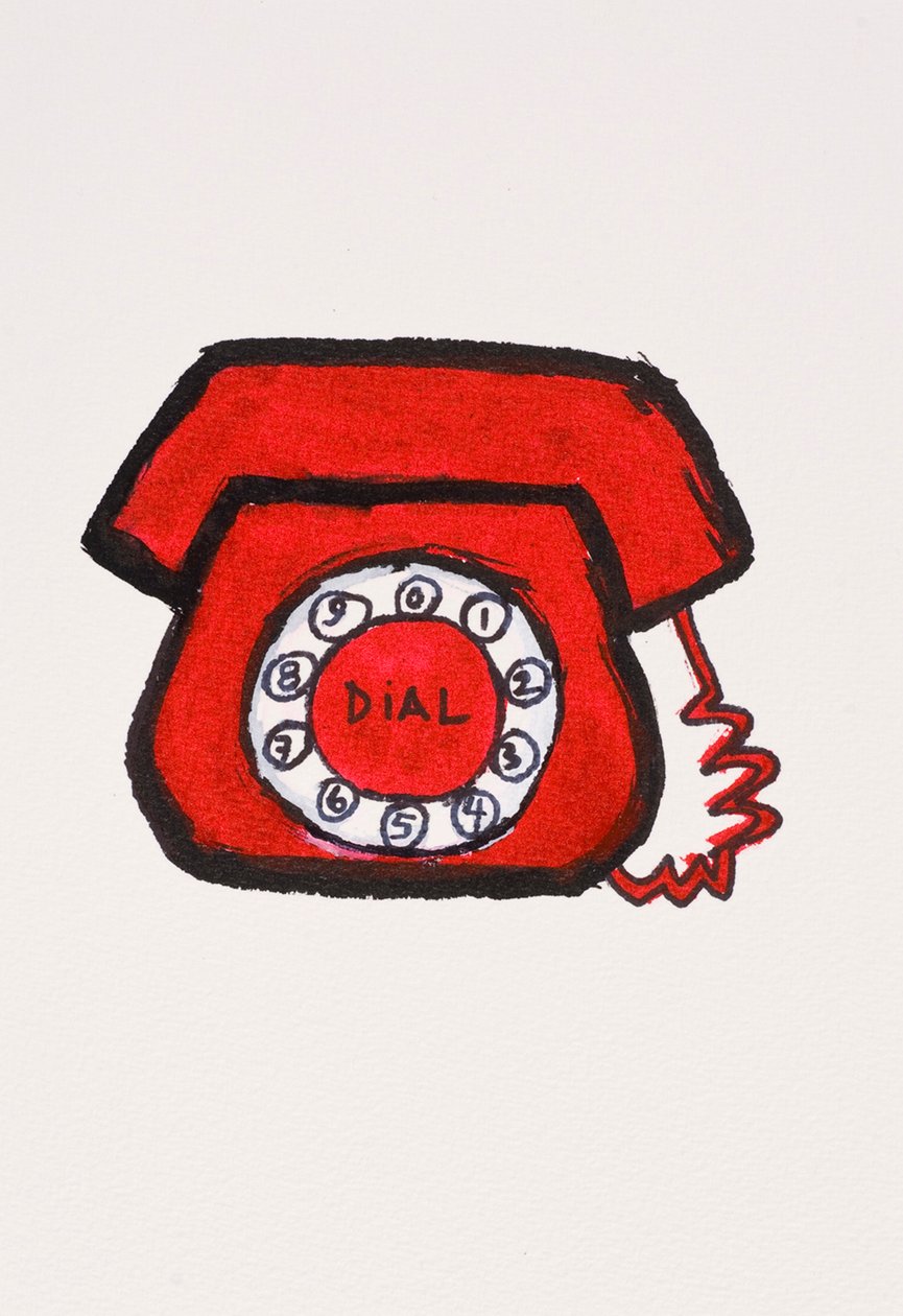 Teléfono rojo, 2017 (tinta china roja con rotulador sobre papel) de Daisy de Villeneuve