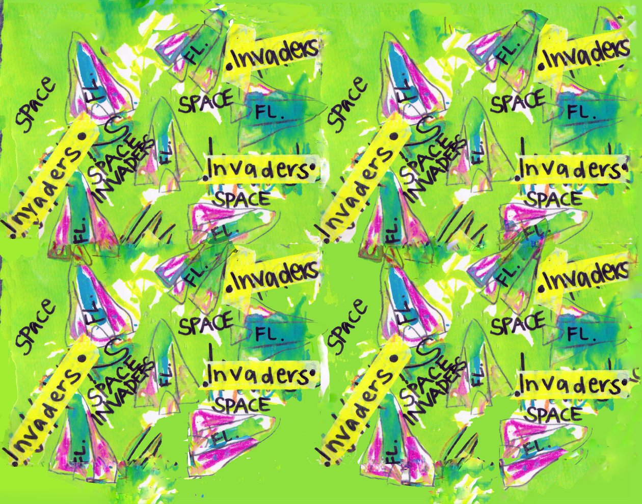 Space Invaders (acuarela, cinta adhesiva, bolígrafo, photoshop) de Daisy de Villeneuve