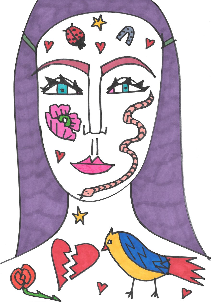 Cara tatuada (rotulador sobre papel) de Daisy de Villeneuve