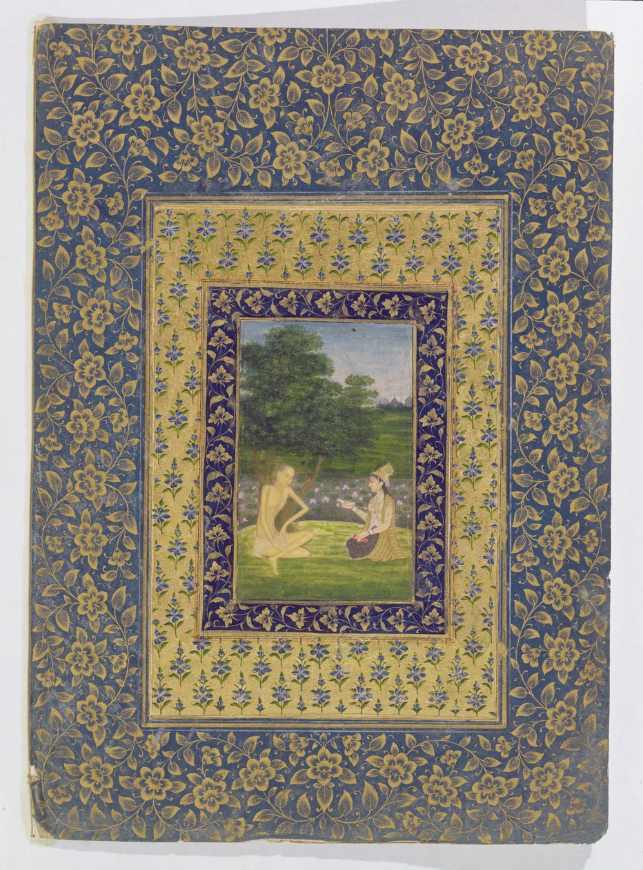 Layla Leyendo a Majnun, quien se sienta bajo un árbol junto a un estanque de lotos, Delhi, c.1720-40 de Dal Chand