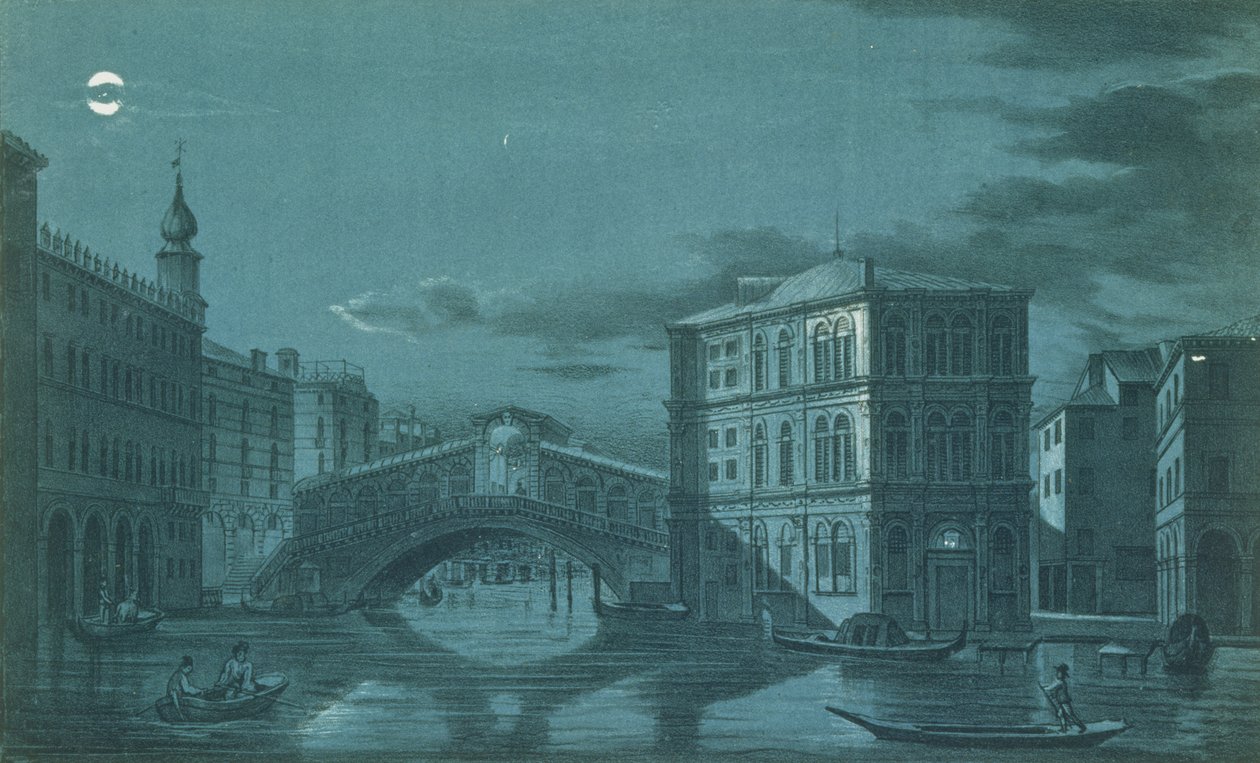 Escena nocturna del Ponte di Rialto, Venecia, grabado por Brizeghel de Dalda