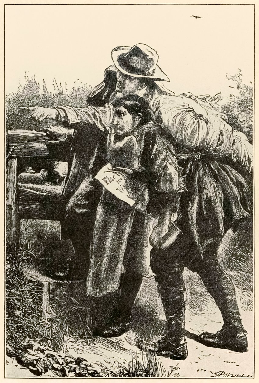 El evangelista señala el camino de El progreso del peregrino de este mundo al venidero por John Bunyan (1628-1688) ilustración de Thomas Dalziel (1823-1906) de Dalziel Brothers