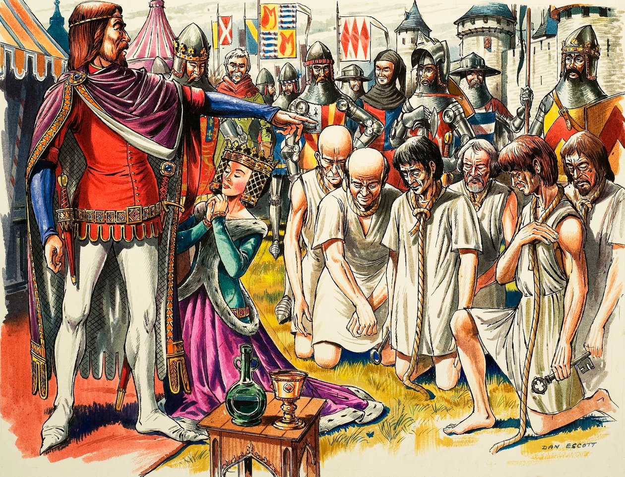 Los burgueses de Calais y el rey Eduardo III de Inglaterra en 1347 (gouache sobre papel) de Dan Escott