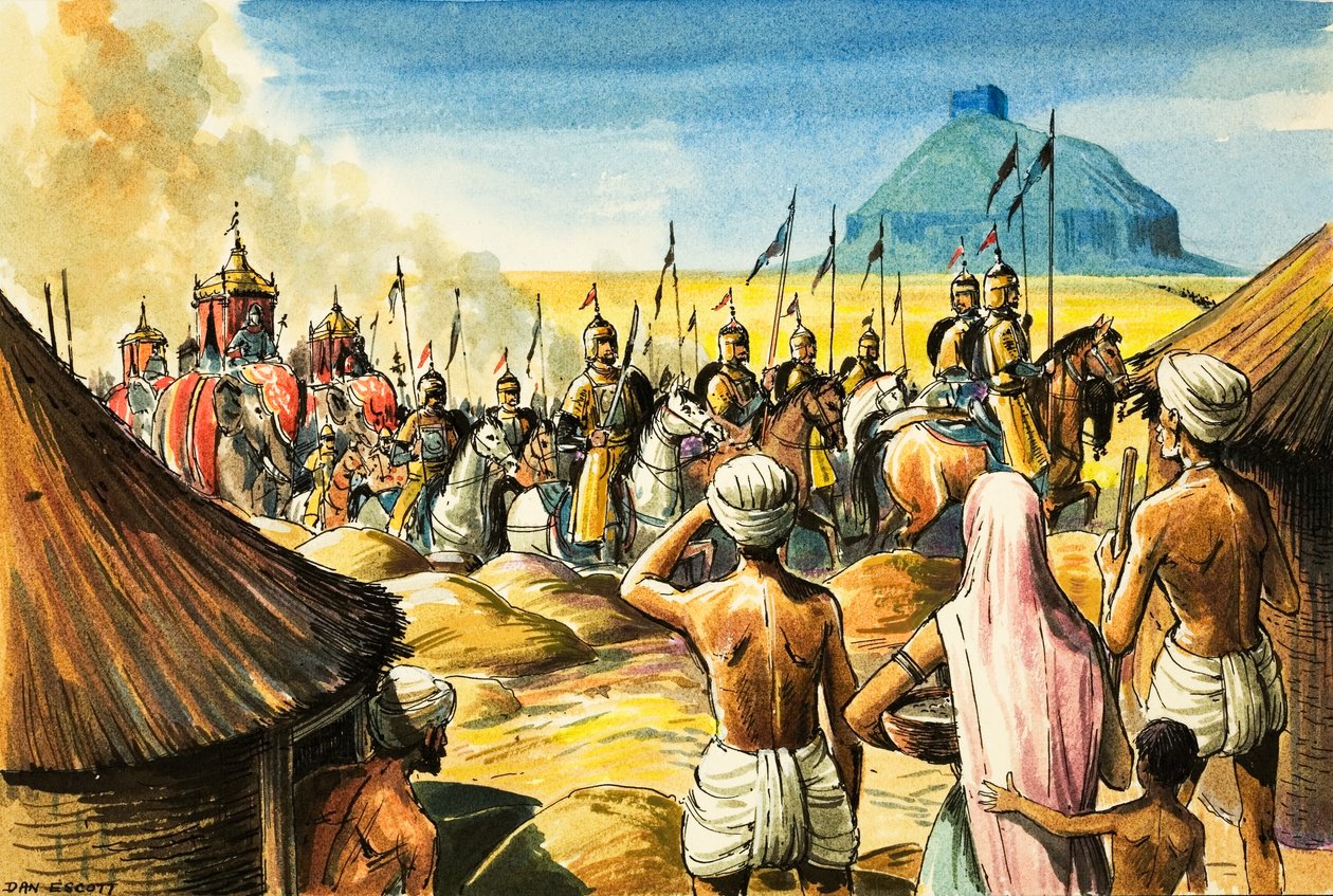 Nativos indios observan cómo una procesión de elefantes y soldados se acerca a un fuerte (gouache sobre papel) de Dan Escott