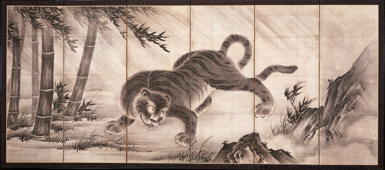 Tigre [a la izquierda de la pareja Dragón y Tigre], mediados del siglo XVI (tinta sobre papel) (véase también 6114494) de Dōan Yamada