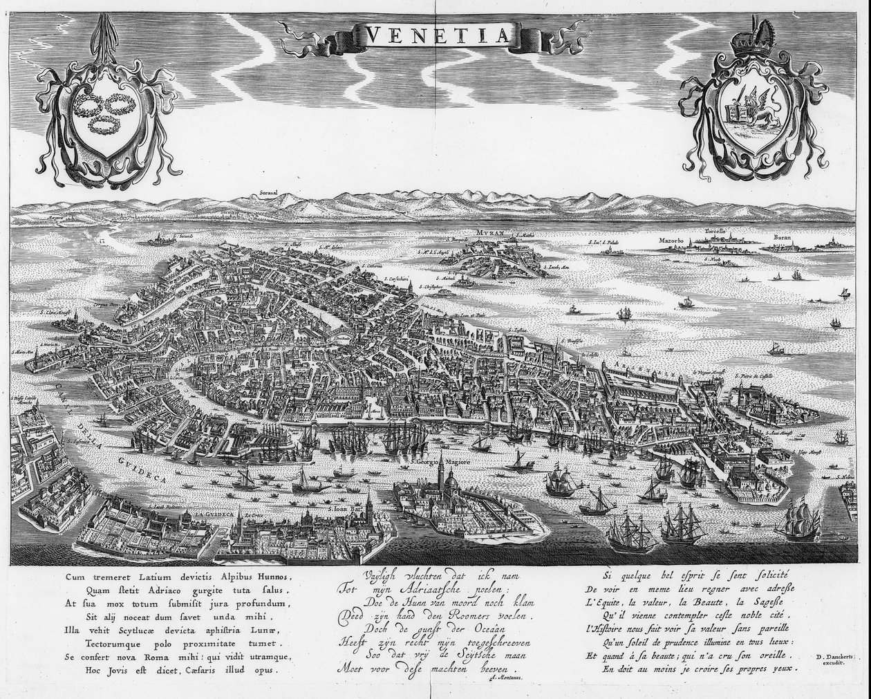 Plano de Venecia con tres textos en latín, neerlandés y francés de Dancker Danckerts