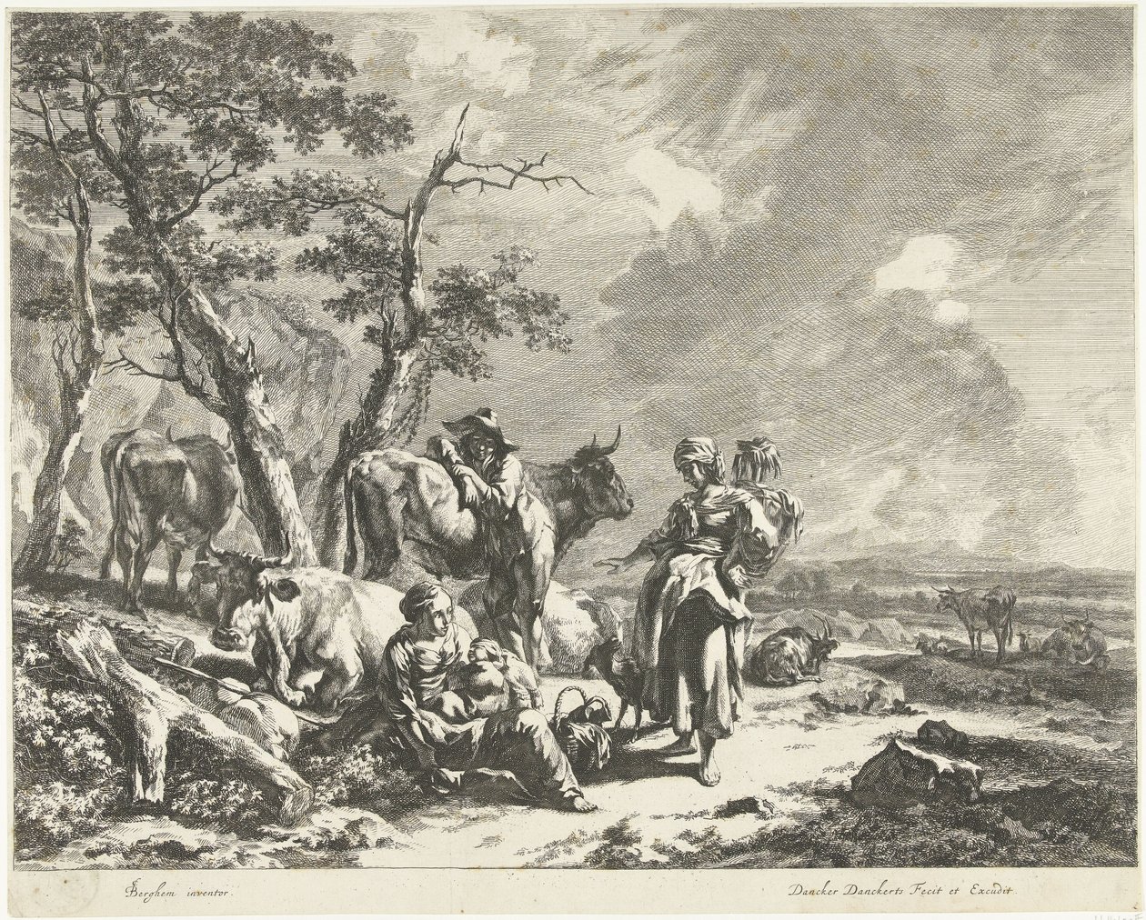 Tarde: Descanso de la familia del pastor con el rebaño. Horas del día (título de la serie) de Dancker Danckerts