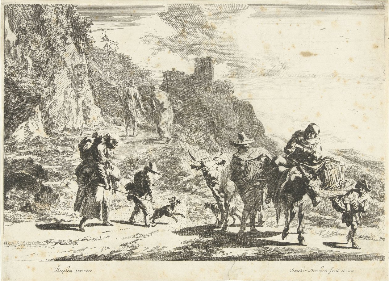 Mujer en un burro lleno, hombre con vaca y otros viajeros en el paisaje montañoso Paisajes del sur (título de la serie) de Dancker Danckerts