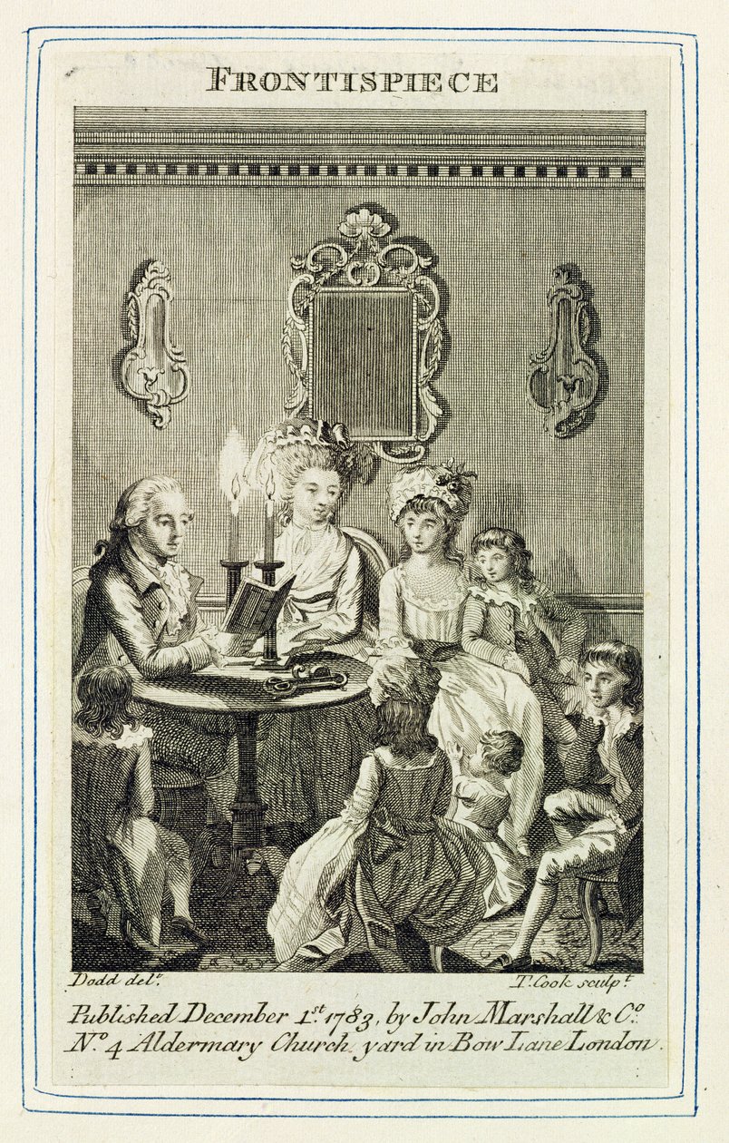 Un padre leyendo a su familia a la luz de las velas, grabado por Thomas Cook, frontispicio de un libro pub. por John Marshall y Co., 1783 de Daniel Dodd