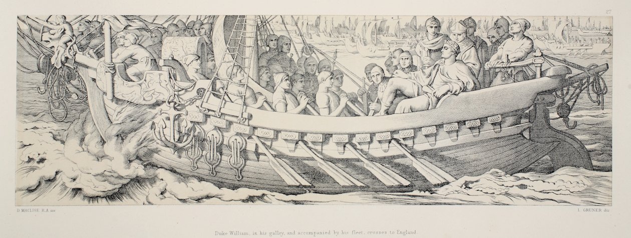 El duque Guillermo, en su galera, y acompañado por su flota, cruza a Inglaterra, de 