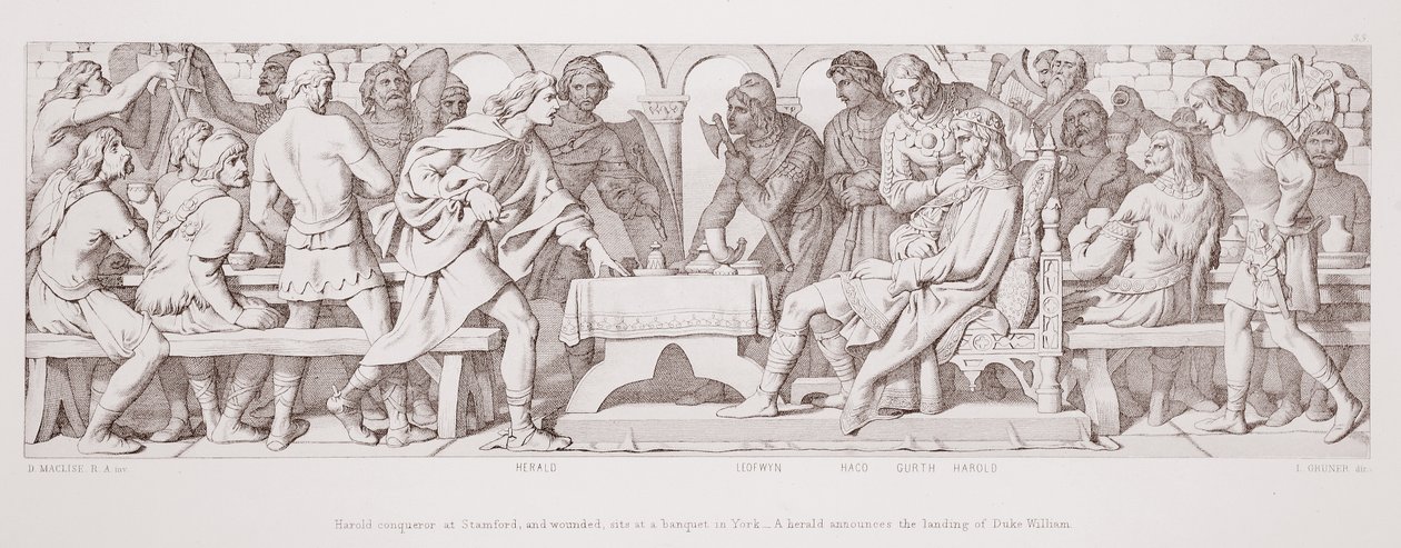 Harold, conquistador en Stamford, y herido, se sienta en un banquete en York, y un heraldo anuncia el desembarco del Duque Guillermo, de 
