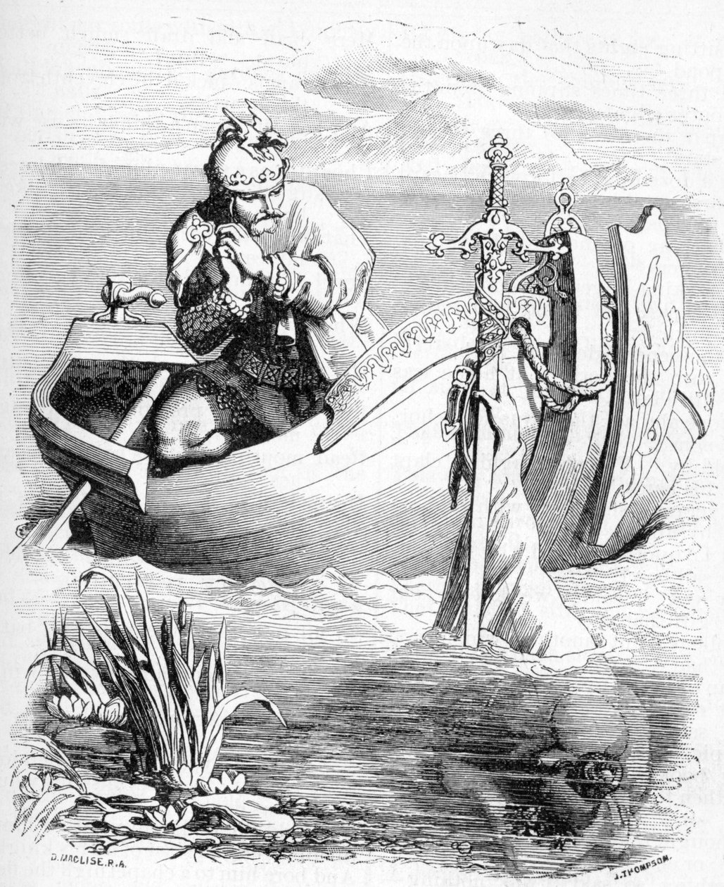 Sir Bedivere ve un brazo atrapando la espada del Rey Arturo en el lago, 1901 de Daniel Maclise