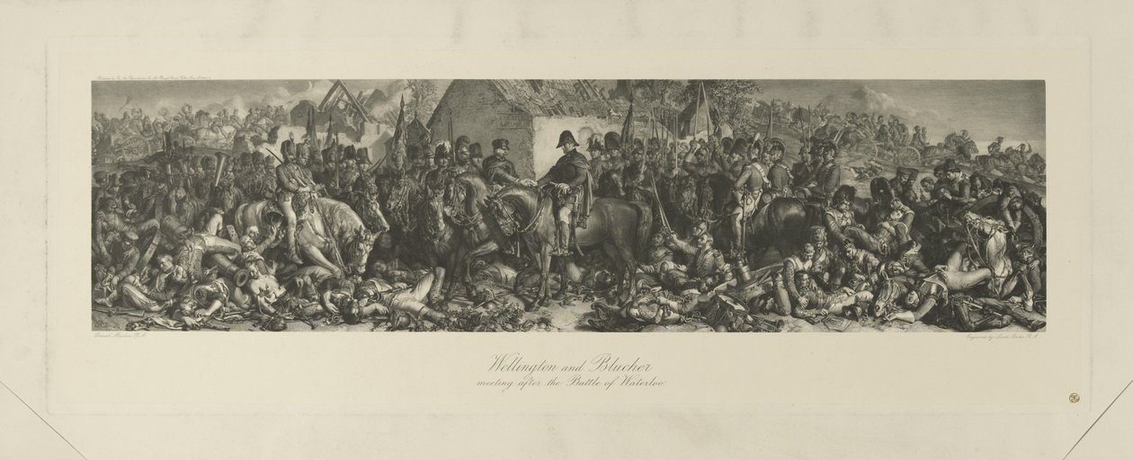 Wellington y Blücher se encuentran después de la Batalla de Waterloo, 1815, grabado por Lumb Stocks (1812-92) de Daniel Maclise