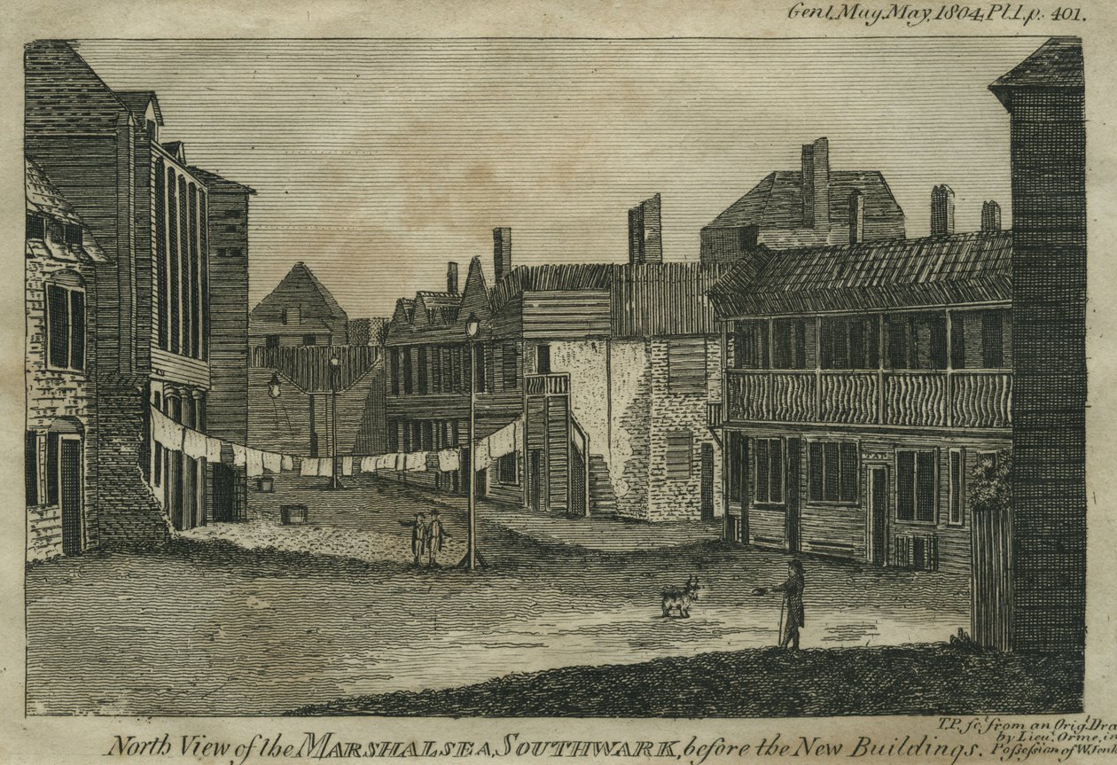 Vista Norte de Marshalsea, Southwark, antes de los Nuevos Edificios, grabado por T.P., c.1804 de Daniel Orme