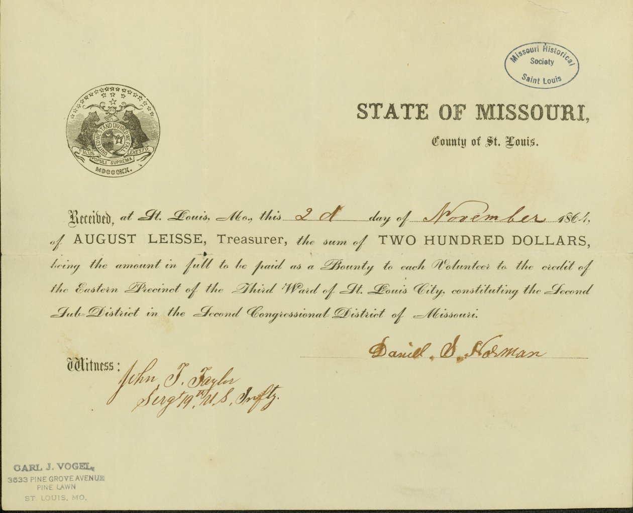 Estados que Daniel S. Horman recibió de August Leisse, el Tesorero del Estado de Missouri, Condado de St. Louis, doscientos dólares como recompensa de Daniel S. Horman