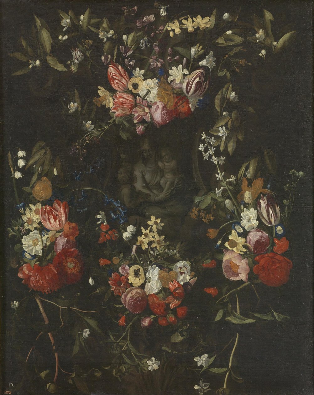Guirnalda de flores alrededor de la Madonna, el Niño y San Juan Bautista de Daniel Seghers