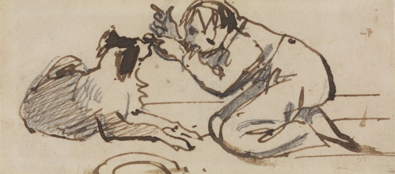 Un niño jugando con un perro (lápiz, pluma y tinta marrón sobre papel) de Daniel Maclise