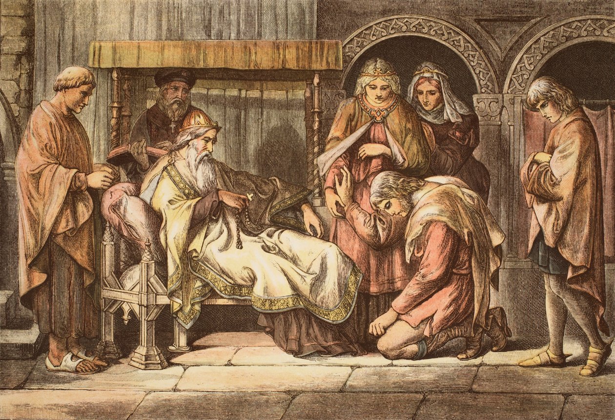 Harold, de vuelta de Normandía, se presenta a Eduardo el Confesor, grabado por JD Cooper (grabado en color) de Daniel Maclise