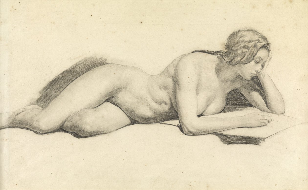 Estudio de un desnudo femenino leyendo (lápiz sobre papel) de Daniel Maclise