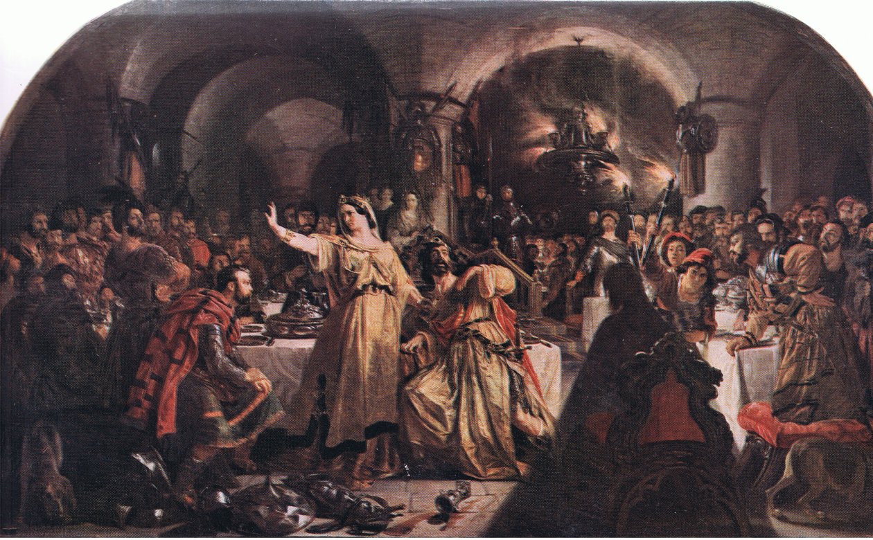 El fantasma de Banquo (Macbeth) "¡Pithee, mira ahí! ¡Mira! He aquí, ¿qué dices?", de The Complete Works of William Shakespeare pub.by J Coker & Co Ltd (litografía en color) de Daniel Maclise
