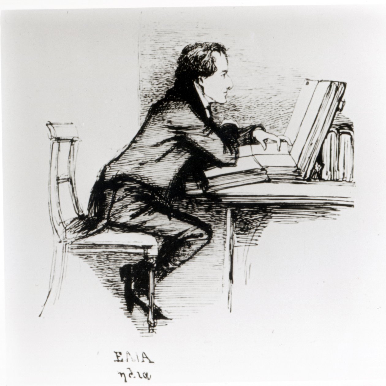 Retrato de Charles Lamb (1775-1834) (pluma y tinta sobre papel) (foto en blanco y negro) de Daniel Maclise