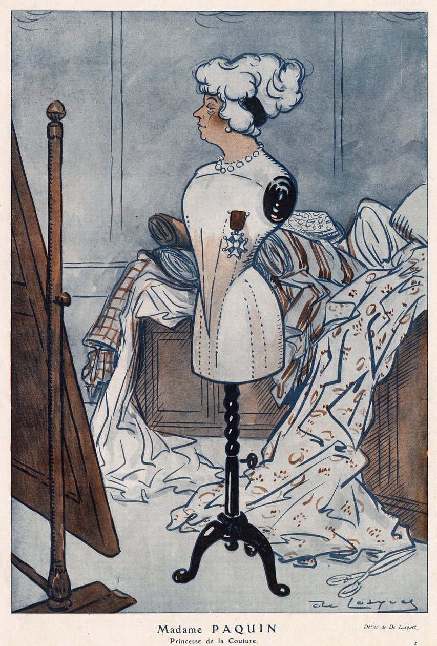 Madame Jeanne Paquin, modista francesa, representada con la cruz de la Legión de Honor que acaba de obtener - ilustración de Daniel De Losques en “Fantasio” de 1913 de Daniel de Losques