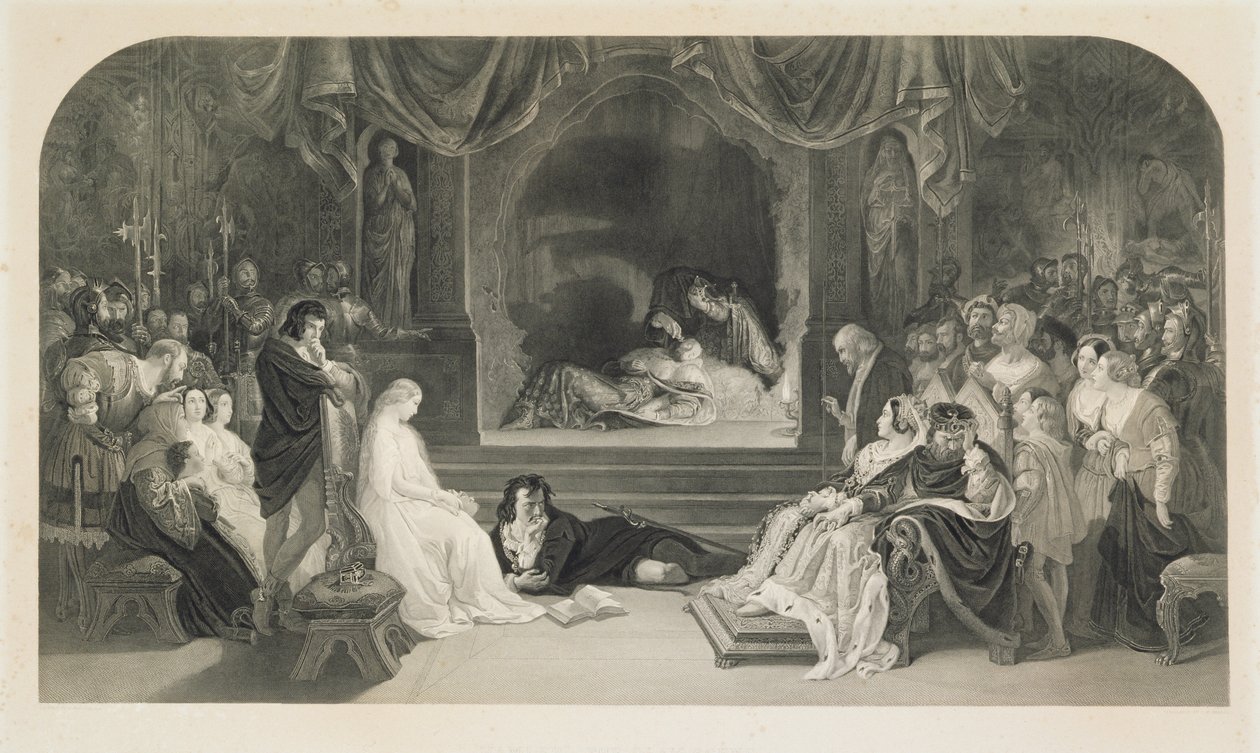 La escena del juego, Acto III, Escena II de Hamlet de William Shakespeare, grabado por Charles W. Sharpe (litografía) de Daniel (after) Maclise