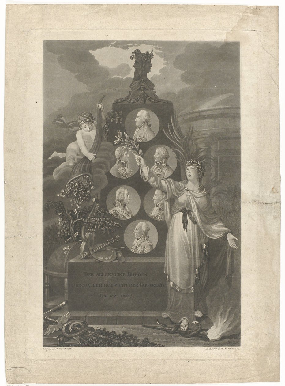 Alegoría op de Vrede van Amiens, 1802 La paz general por el equilibrio de la valentía de marzo de 1802 (título sobre el objeto) de Daniel Berger