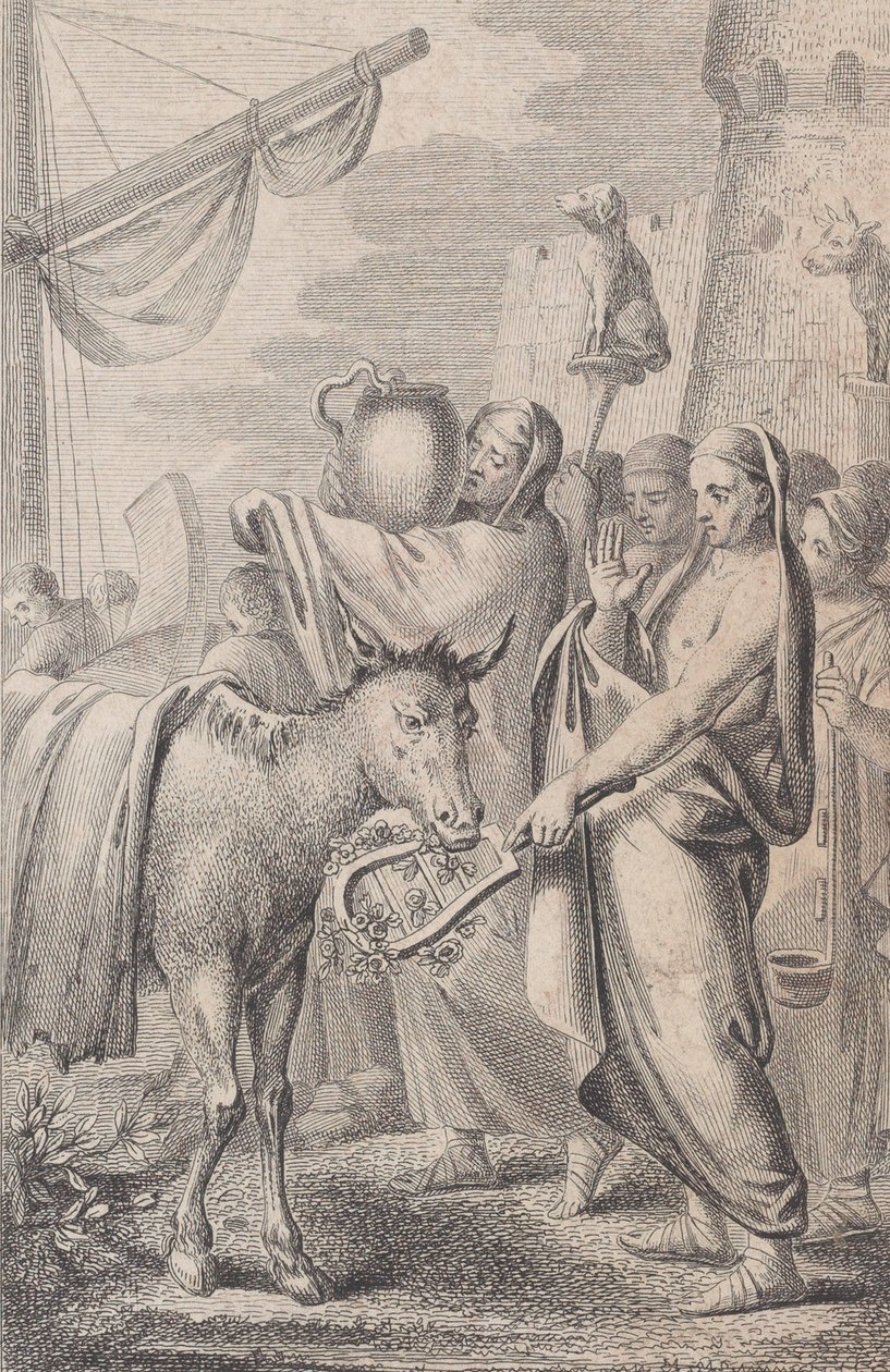 Figuras a la derecha cerca de un barco, algunas levantando animales sobre sus cabezas, un caballo a la izquierda, 1783 de Daniel Berger