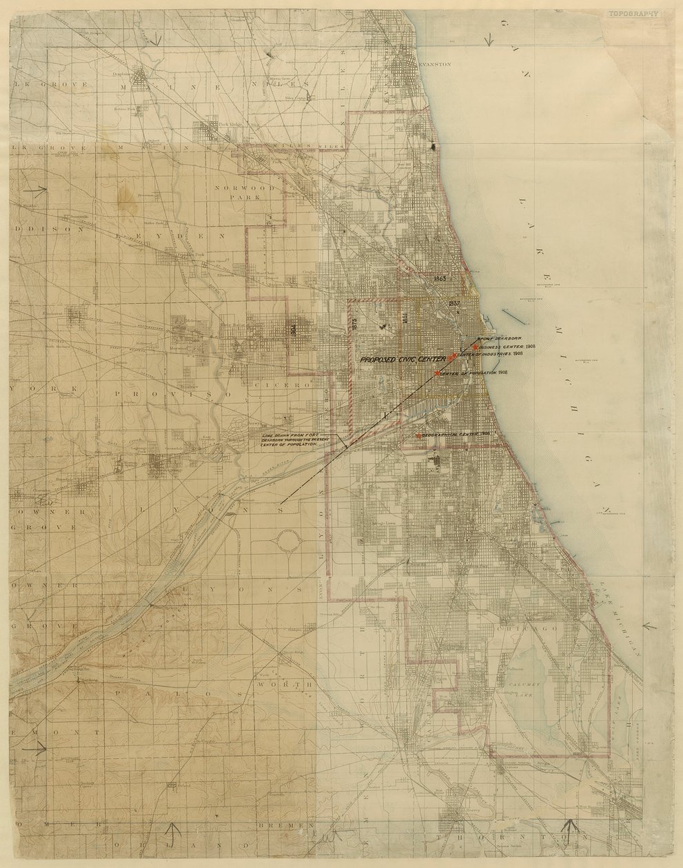 Plano de Chicago, Chicago, Illinois, Diagrama que Muestra el Crecimiento de la Ciudad, 1909 de Daniel Burnham