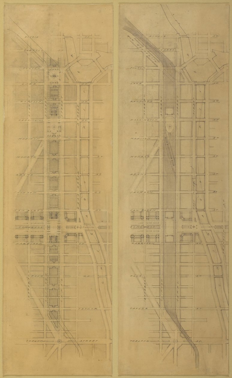 Placa 79 2 dibujos del Plan de Chicago: Ubicación y disposición sugeridas de Daniel Burnham