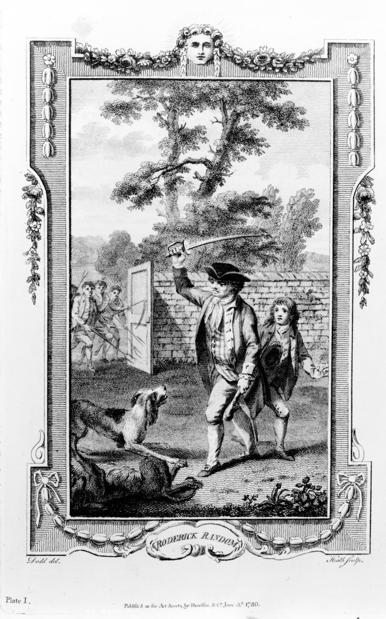 El tío de Roderick Random es atacado por perros, ilustración de 