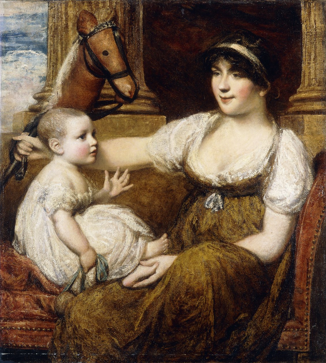 Una Madre Sosteniendo un Caballito de Juguete, Jugando con su Hijo de Daniel Gardner