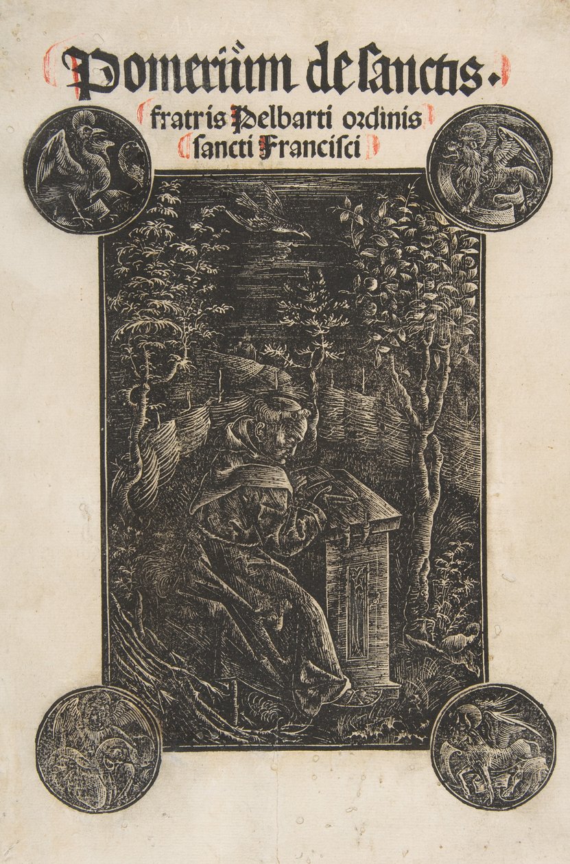 El franciscano Pelbart de Temesvar estudiando en un jardín Schr. 2876, 1502 de Daniel Hopfer.