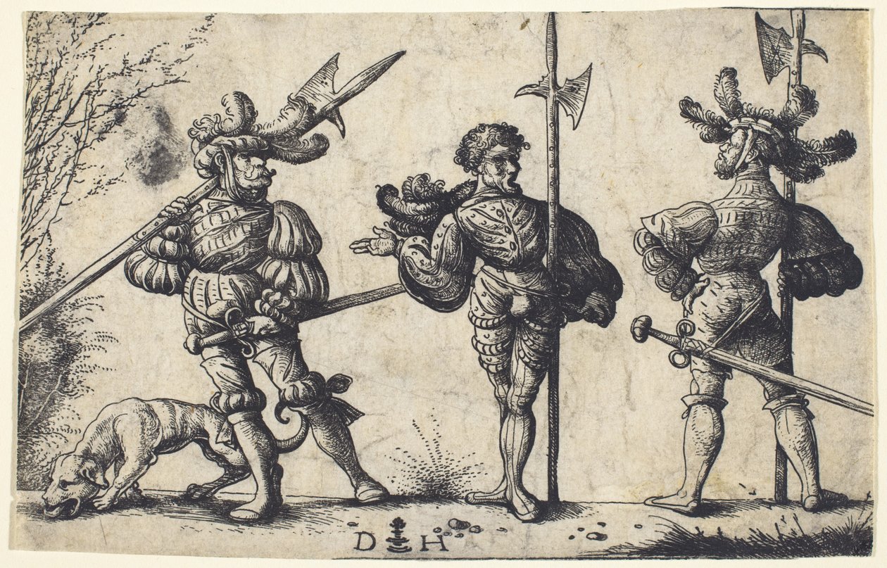Tres soldados alemanes armados con alabardas de Daniel Hopfer