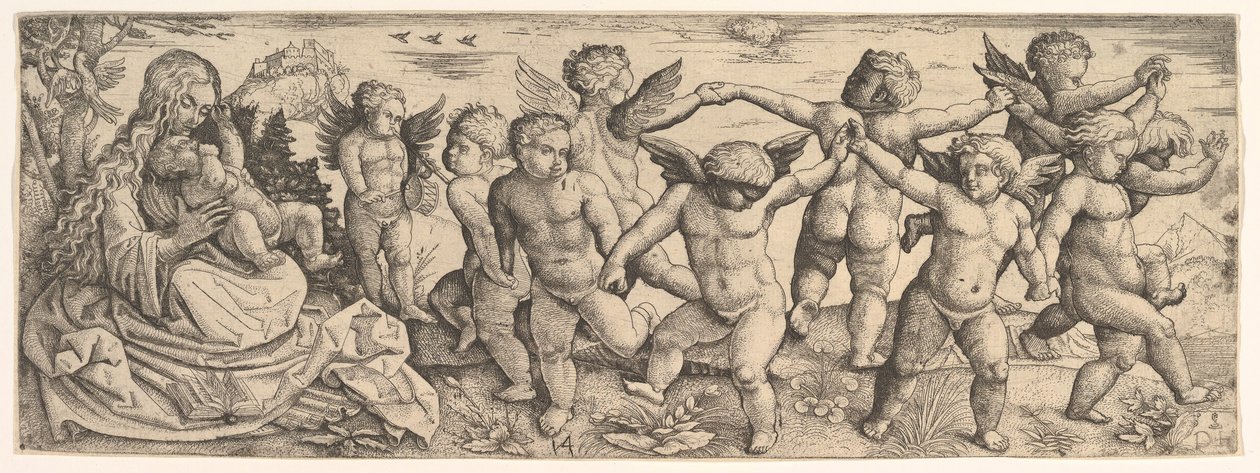 Virgen y Niño con ángeles bailando en un paisaje de Daniel Hopfer