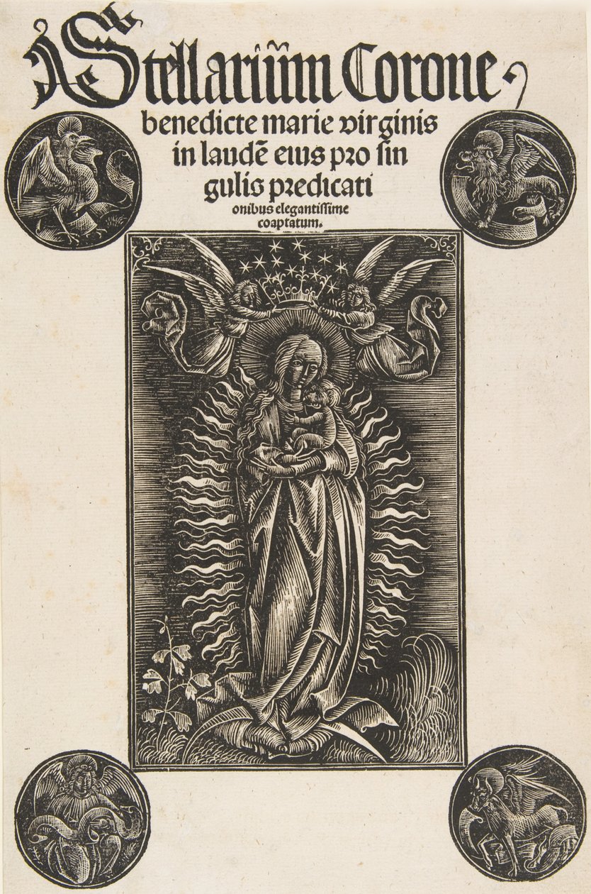 Virgen en una media luna, portada de Pelbartus de Temesvar: Stellarium corone Schr. 2869..., 1502 de Daniel Hopfer.