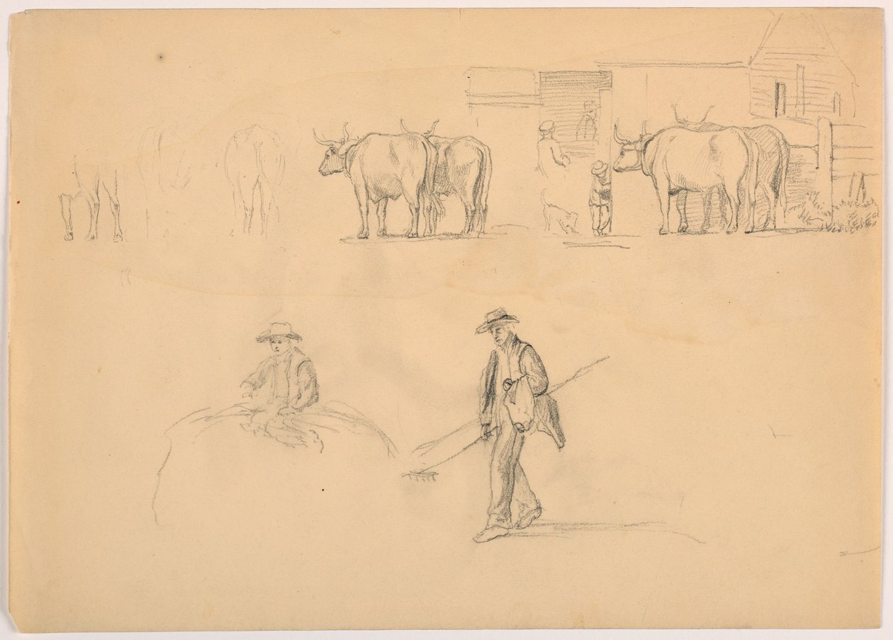 Dibujo, Corral; figuras y bueyes, 1878 de Daniel Huntington