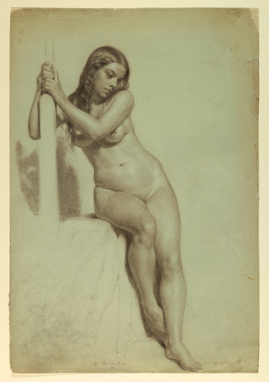 Dibujo, Desnudo femenino encaramado a un taburete, 1858 de Daniel Huntington