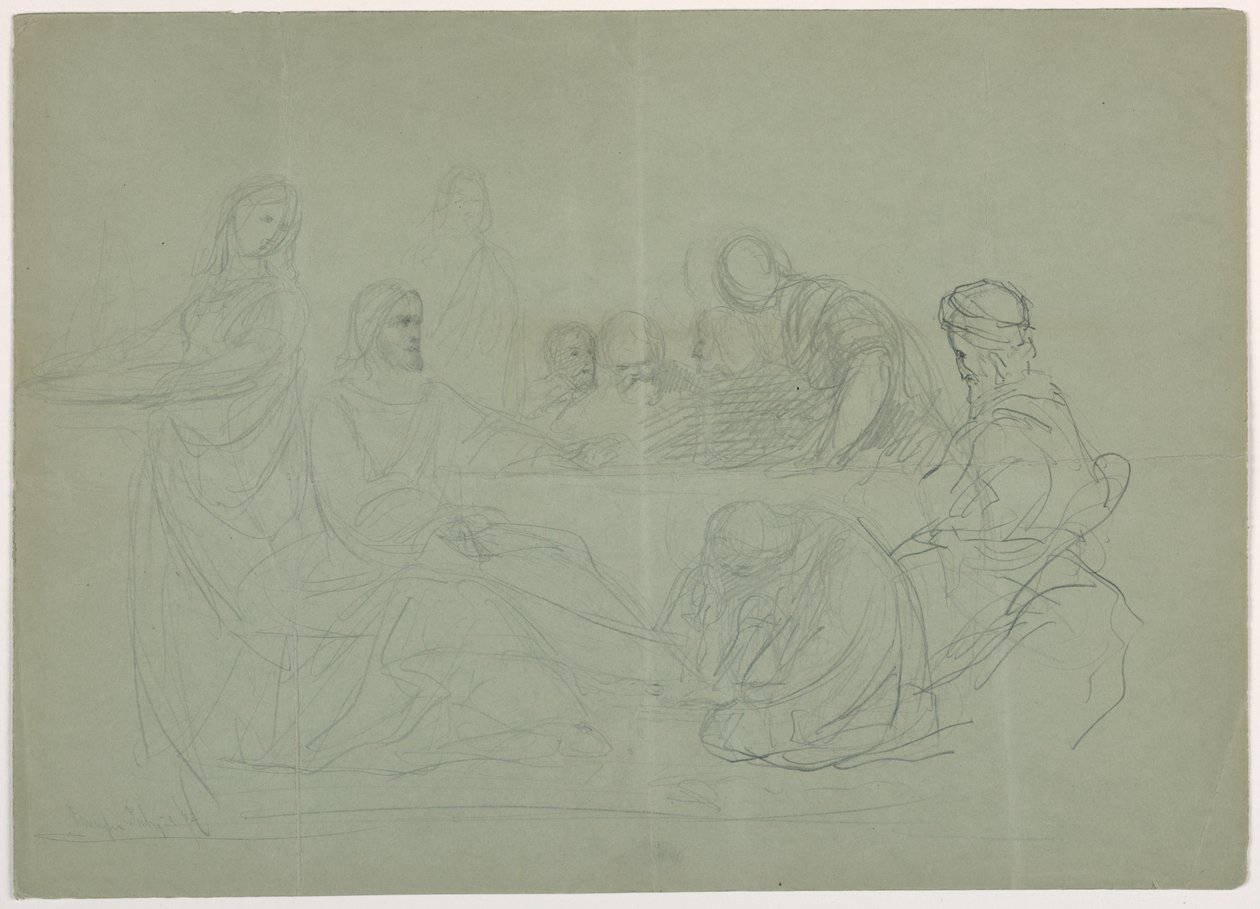 Dibujo, María lavando los pies de Cristo, varios hombres sentados a una mesa; reverso: notas, 1852 de Daniel Huntington
