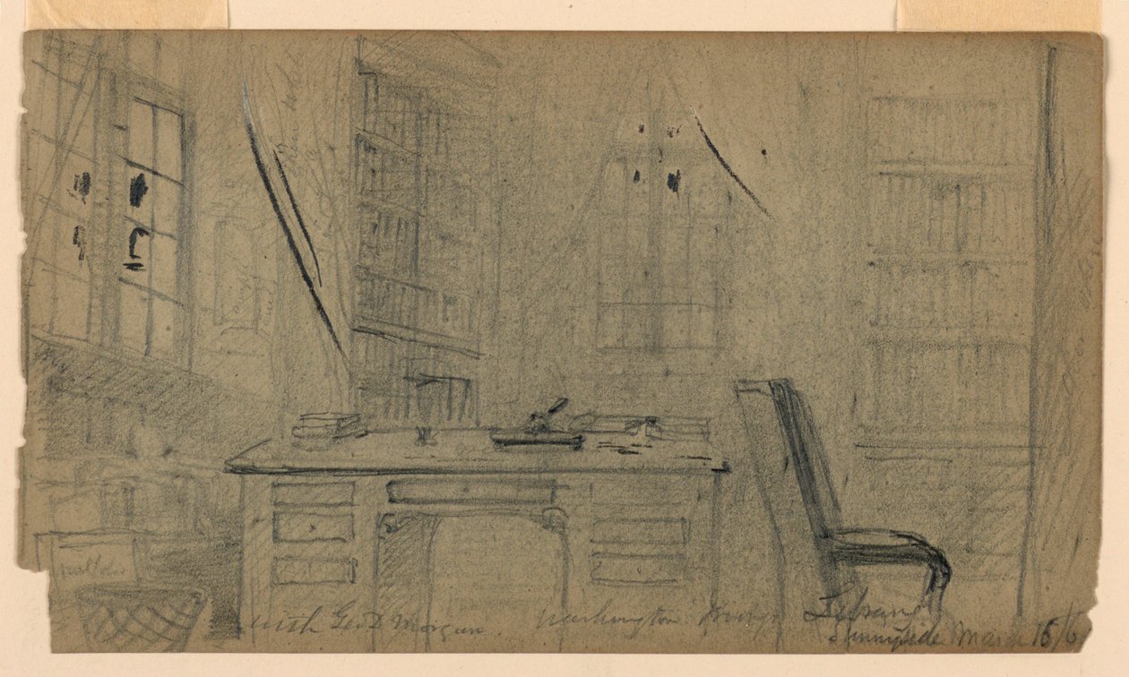 Dibujo, Biblioteca de Washington Irving en Sunnyside, 16 de marzo de 1860 de Daniel Huntington