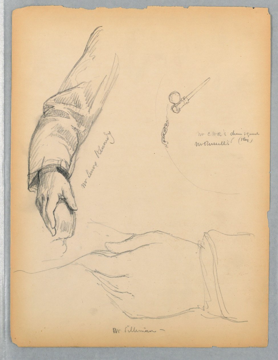 Bocetos del brazo derecho del Sr. Kennedy y la mano izquierda del Sr. Silliman de Daniel Huntington