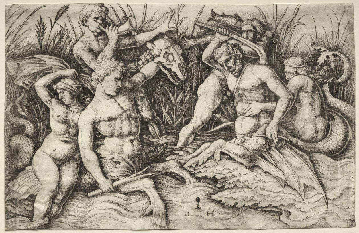 Dos Tritones Luchando - Batalla de los Dioses del Mar (parte derecha) de Daniel I Hopfer