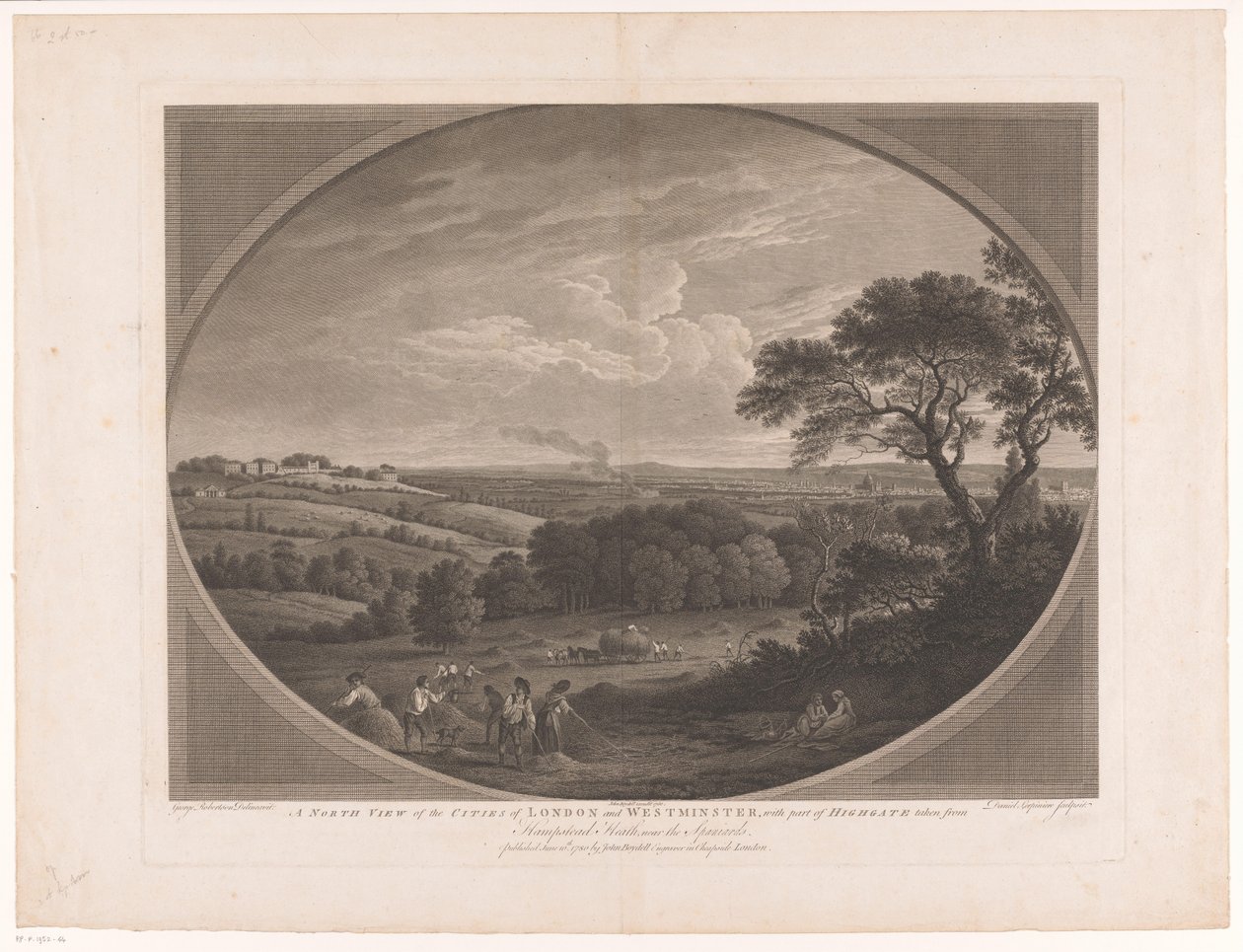 Gezicht op London, gezien vanaf Hampstead Heath Una vista del norte de las ciudades de Londres y Westminster, con parte de Highgate tomada de Hampstead Heath, cerca de los españoles (título sobre el objeto) de Daniel Lerpinière
