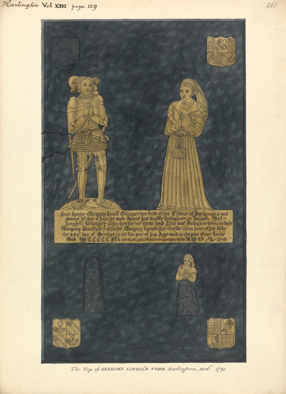Placa de latón para Gregory Lovell y su esposa Anne, hija de David Bellingham, Iglesia de Harlington de Daniel Lysons