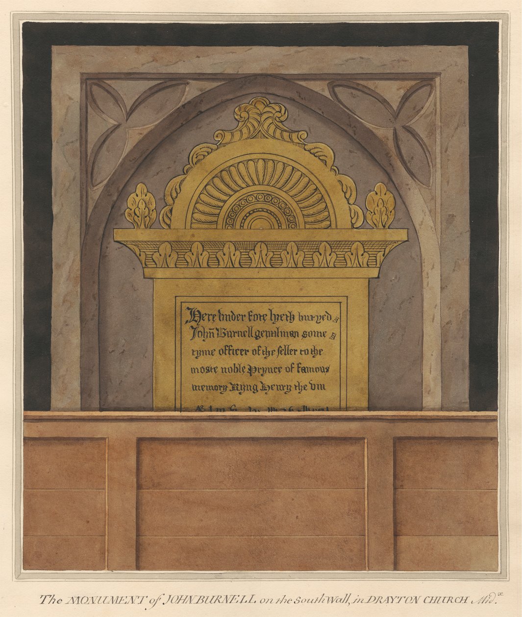 Placa de latón para John Burnell de la iglesia de Drayton de Daniel Lysons