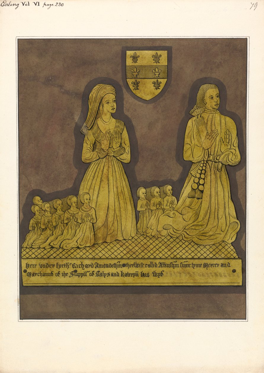Placa de latón para Richard Amondesham y su esposa Katherine, Iglesia de Ealing de Daniel Lysons