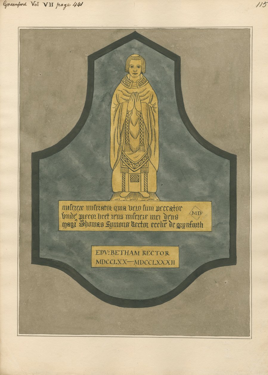 Placa de latón para Thomas Symons de la iglesia de Greenford de Daniel Lysons