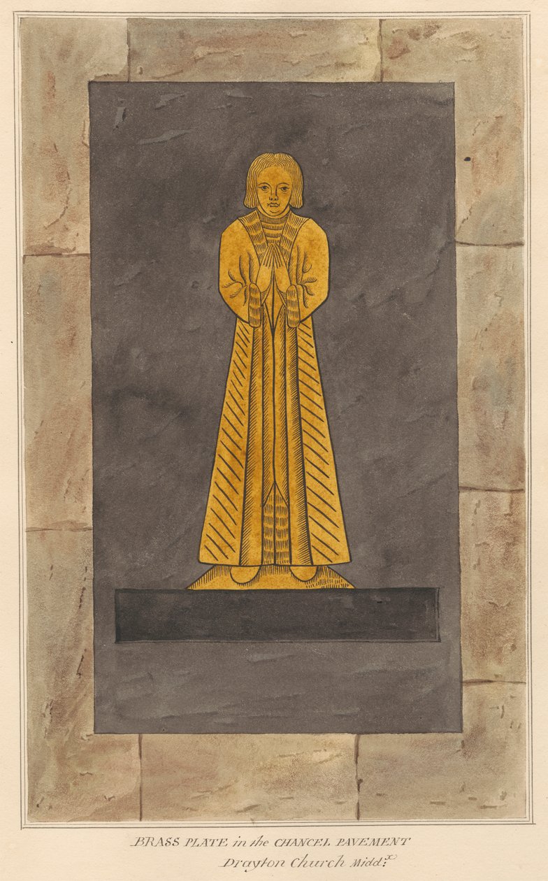 Placa de latón para hombre no identificado, Pavimento del presbiterio de la iglesia de Drayton de Daniel Lysons