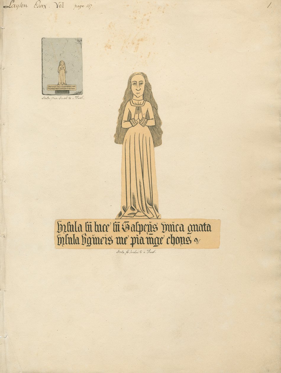 Placa de latón de una mujer de la iglesia de Layton de Daniel Lysons